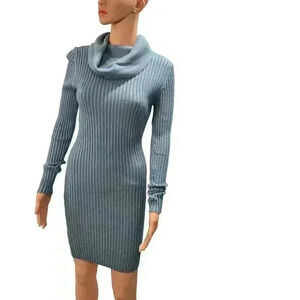 Cozy Ribbed Knit Cowl Neck Dress - Slate Blue
